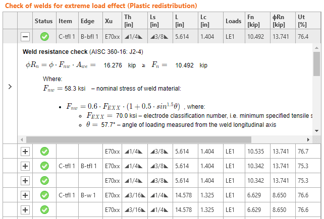 Fillet welds are checked according to AISC 360 - Chapter J2. The strength of CJP groove welds is assumed the same as the base metal and is not checked. IDEA StatiCa - structural engineering design software for modeling welded connections.