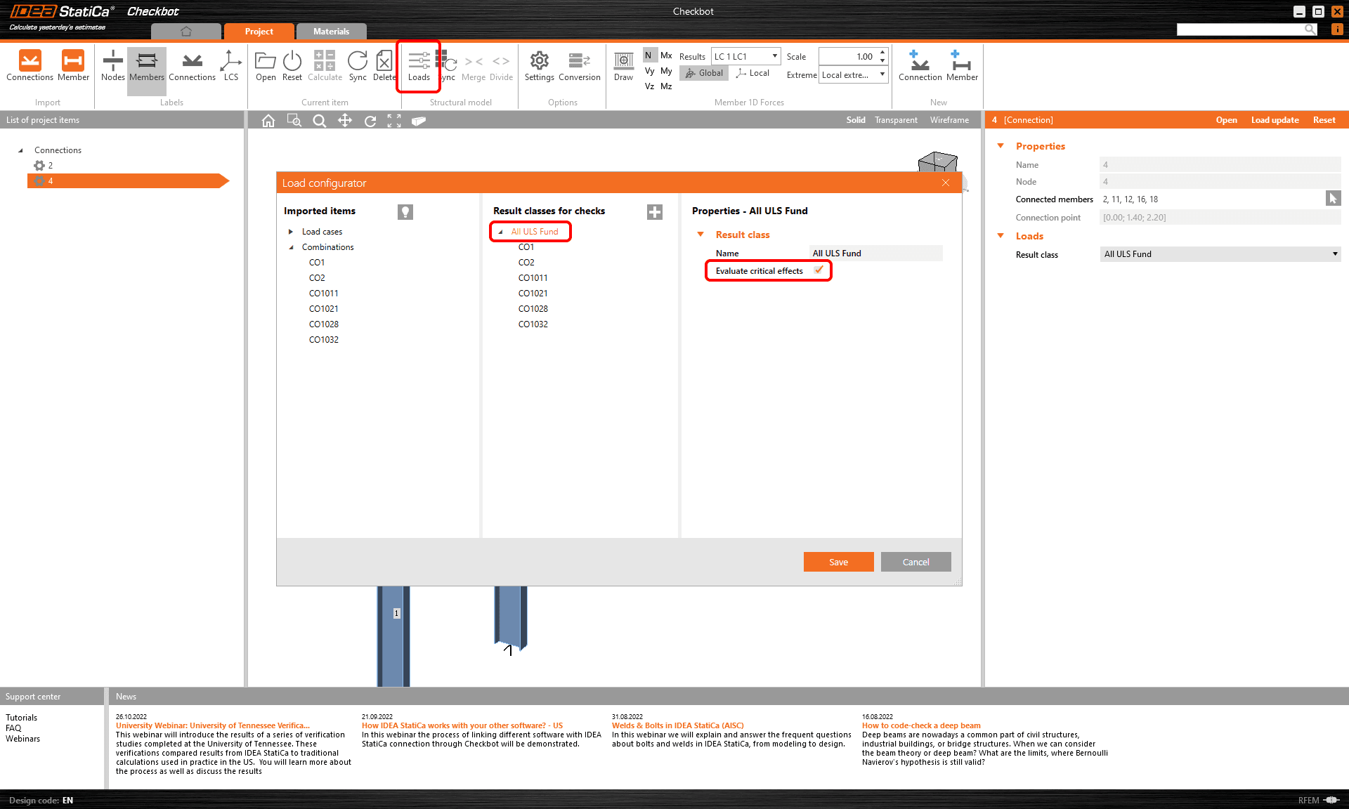 Evaluate critical effects for loads imported via BIM links