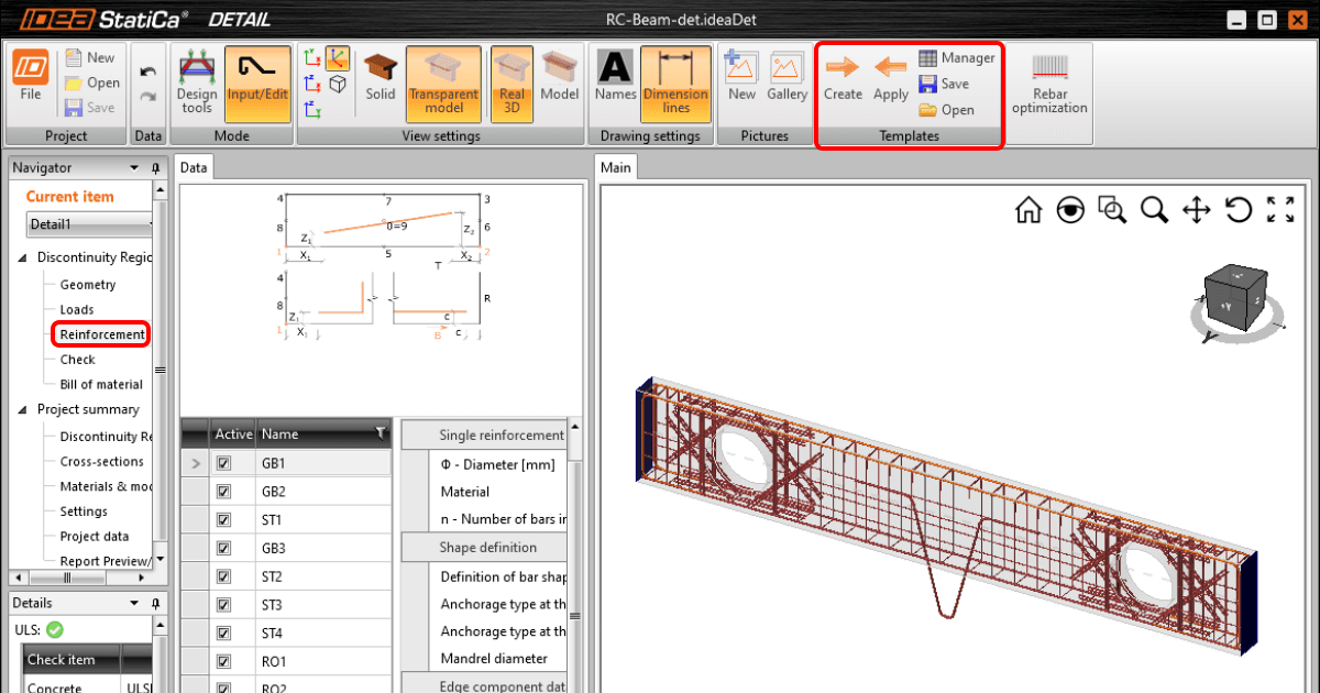 Reinforcement template in IDEA StatiCa Detail