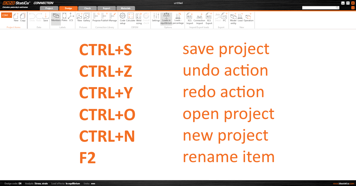 Raccourcis clavier dans les applications IDEA StatiCa