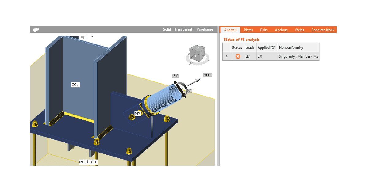 The finite element analysis might not converge due to some element that is not sufficiently supported and can freely move or rotate. Analysis of the structural design of complex welded and bolted steel connections.